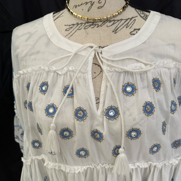 Anthropology Pure US, white/ blue short sleeve boho blouse, size M - Picture 4 of 6
